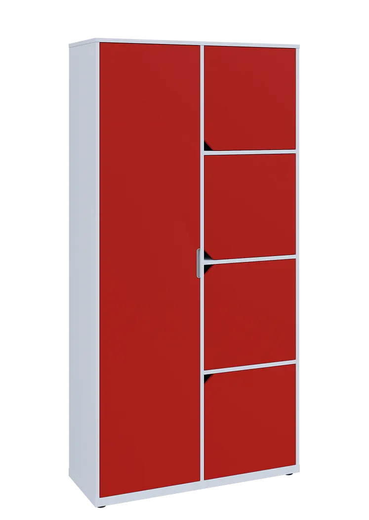 KSR6-82 L skříň šatní, 1x výsuvné ramínko, 4x dvířka, 2053x1022x400 mm, provedení levé, bílá sněžná/červená